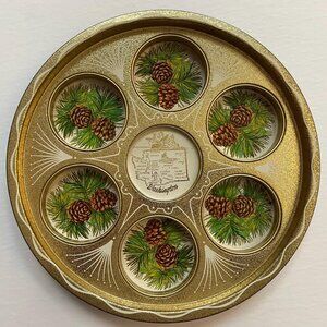 Vintage Tin Serving Tray Drink Holder Circular 70s Home Decor Washington